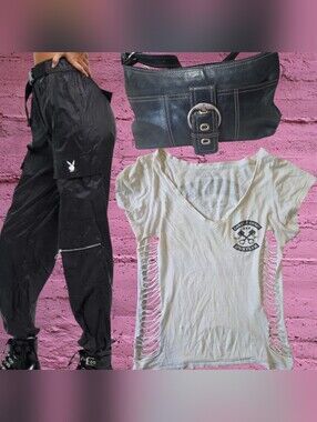 Playboy Black Cargo Pants, Hustler coast to coast Shirt & vtg. ETIENNE PURSE